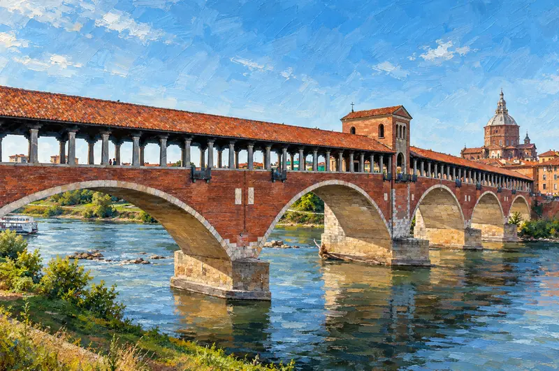 Veduta pittorica del Ponte Coperto di Pavia in prospettiva, con la cupola del Duomo e gli edifici del lungofiume sullo sfondo